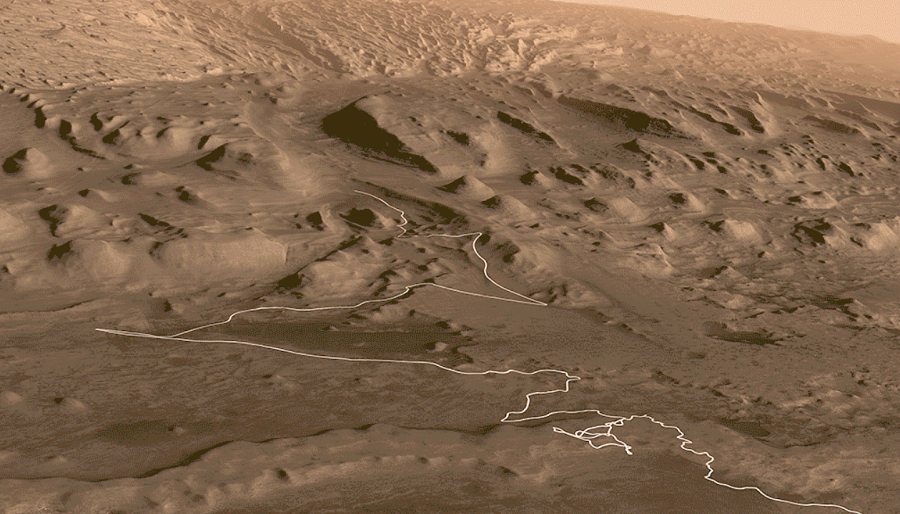Obrzek: Budouc cesta Curiosity. Zdroj: NASA / JPL-Caltech, https://mars.nasa.gov/resources/25775/the-route-past-rafael-navarro-mountain/?site=msl