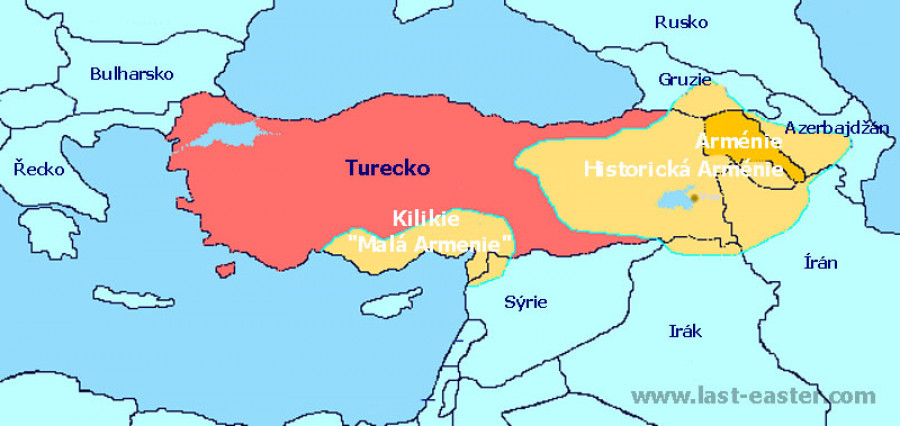 Území historické Arménie. Tmavě okrovou jsou hranice současné Arménské republiky.