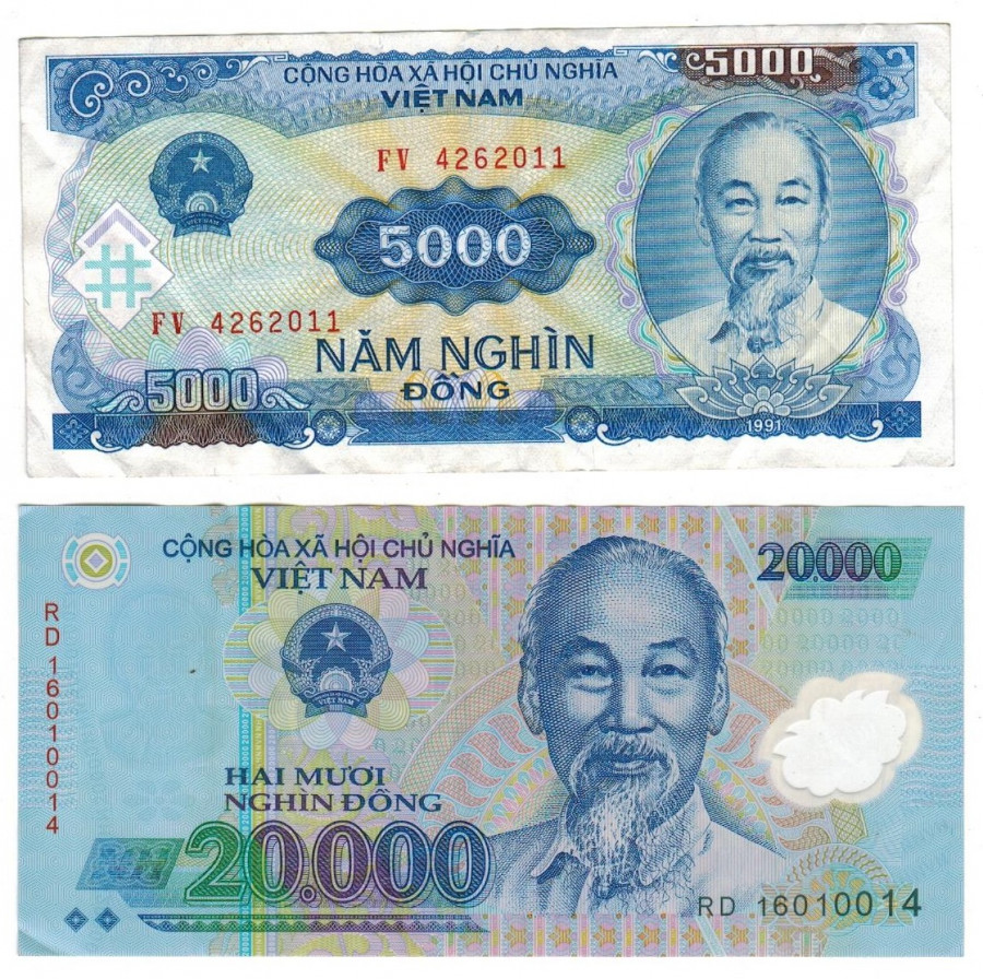 Ho i Min na bankovkch (jejich nominln hodnota do 5.000 je z papru a hodnota nad 10.000 z plastu).
