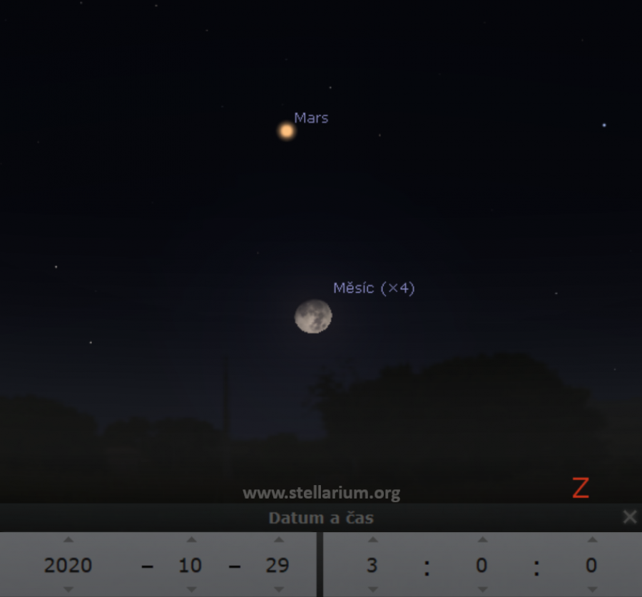 29. 10. 2020 - tet zjnov konjunkce Msce s Marsem. Rud planeta od t pedchoz stihla projt opozic se Sluncem.