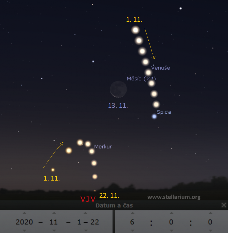 1. - 22. 11. 2020 - Merkur, Venuše, Měsíc a Spica na ranní obloze.