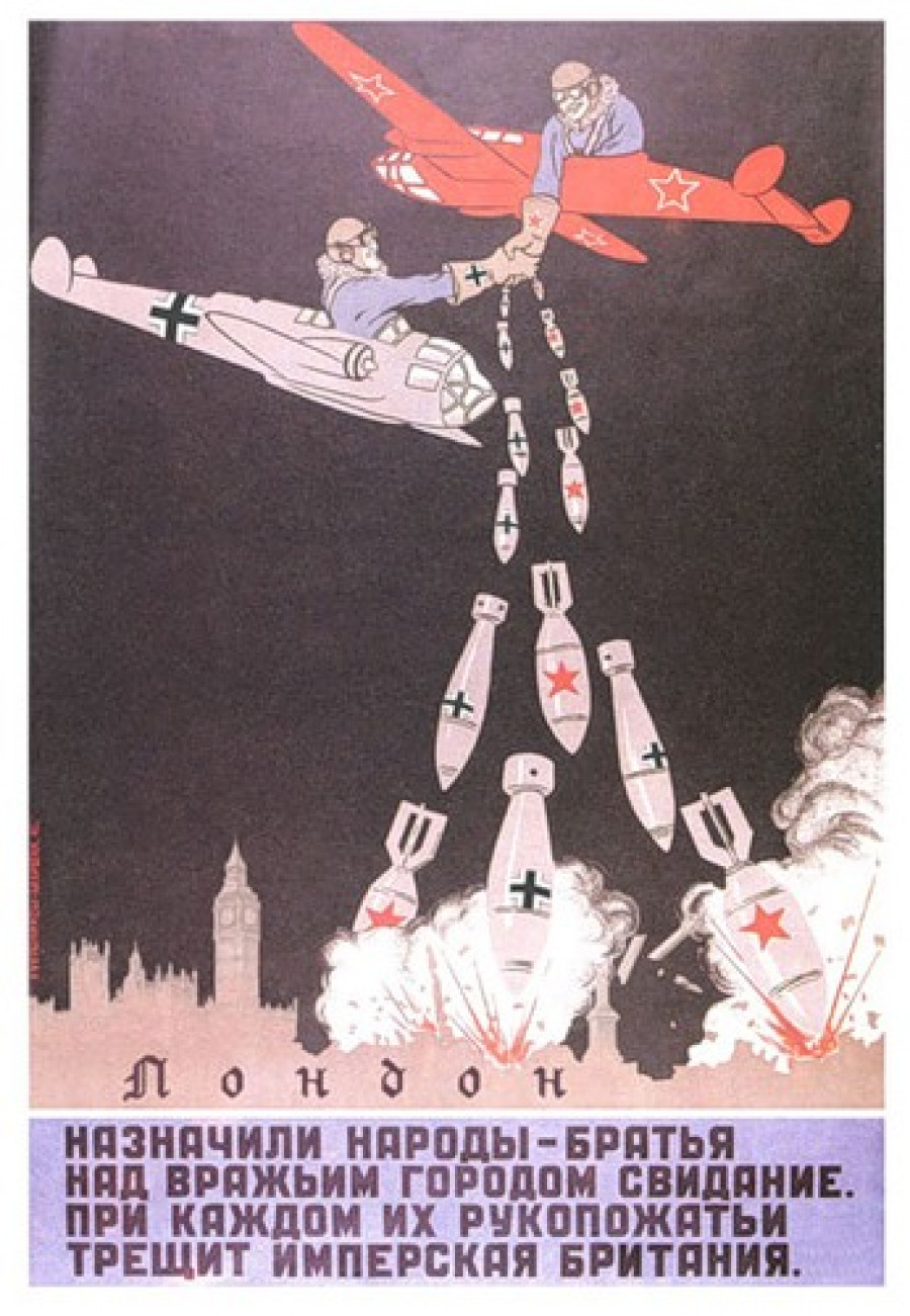 Sovtsk propagandistick plakt oslavujc vzjemn spojenectv, majc podobu bomb dopadajcch na Londn.