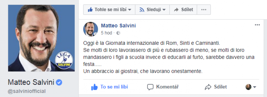 Oficiln veejn strnka Matteo Salvini na Facebooku a jeho vyjden.