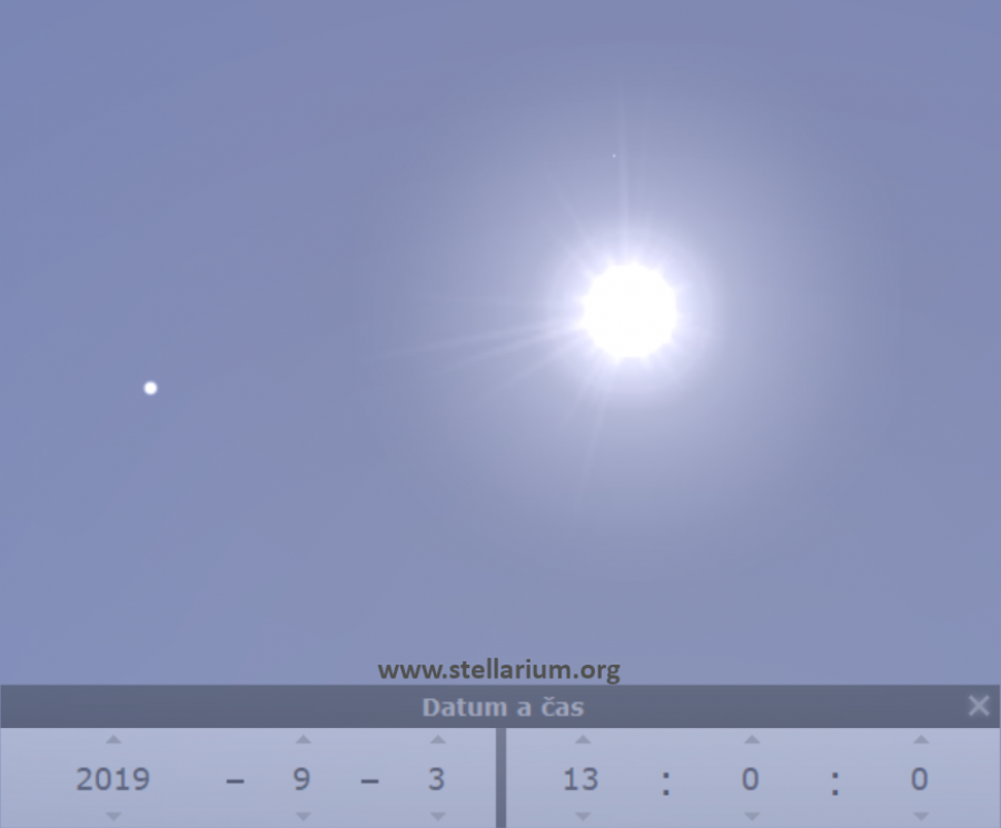 3. 9. 2019 - ve skutenosti nepozorovateln Venue (a Merkur s Marsem) v blzkosti Slunce na denn obloze.