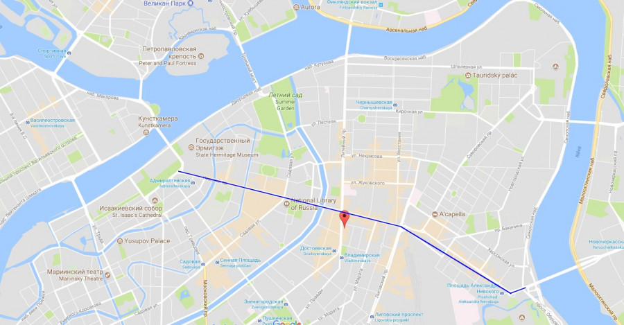 Historick centrum Petrohradu, mode zvraznn Nvsk prospekt  m asi 5 km